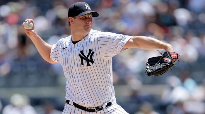 Yankees starter Gerrit Cole throws a pitch in a game.